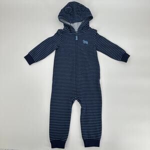 Carter's Zip Front Striped Long Sleeve Hooded Baby Romper Navy Blue 18 months